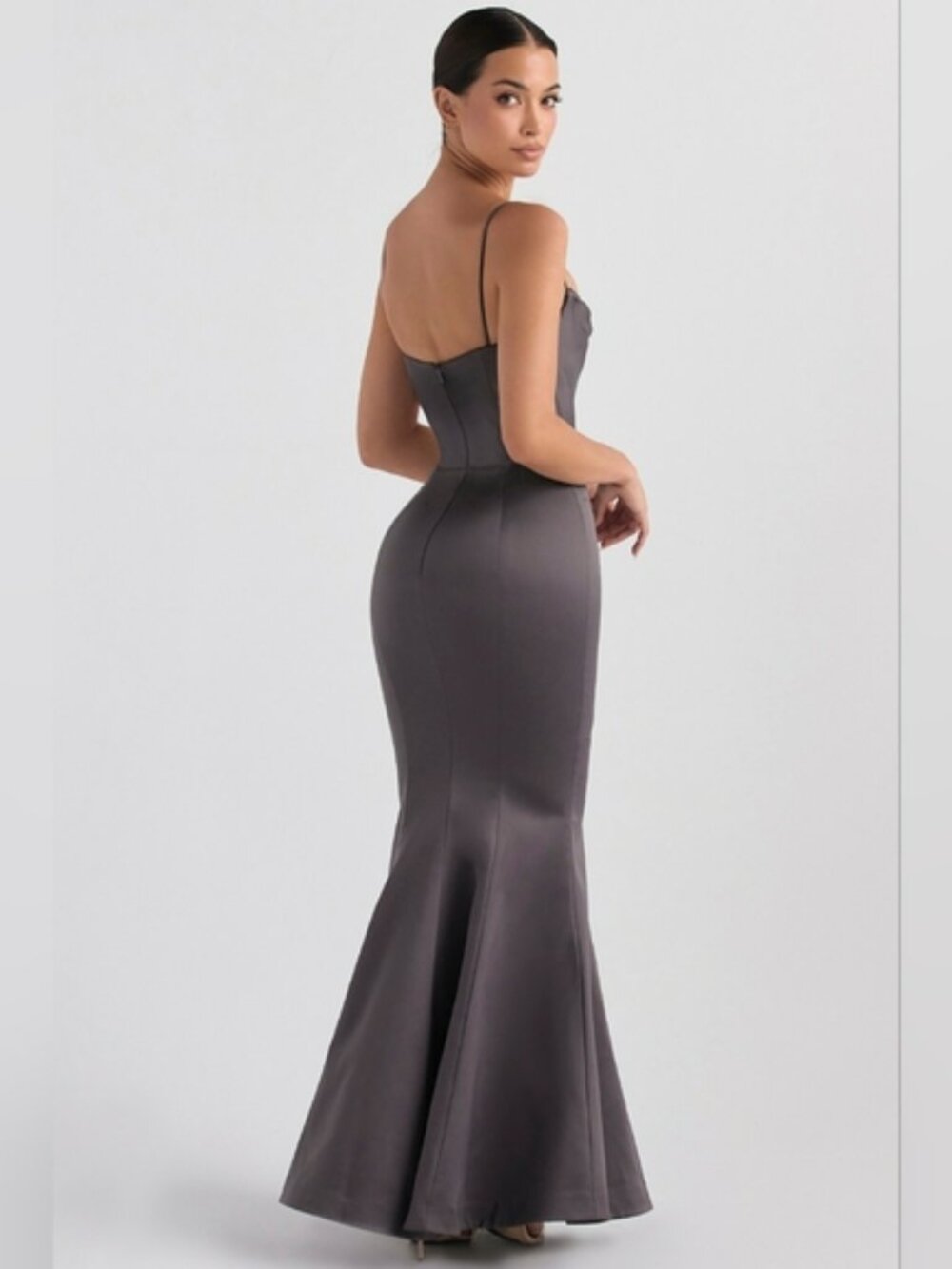 House Of CB Violette shadow Grey satin fishtail gown Mermaid Maxi Dress S NWT - Picture 3 of 7